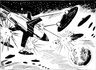 Rocket ship attacking multiple foes.